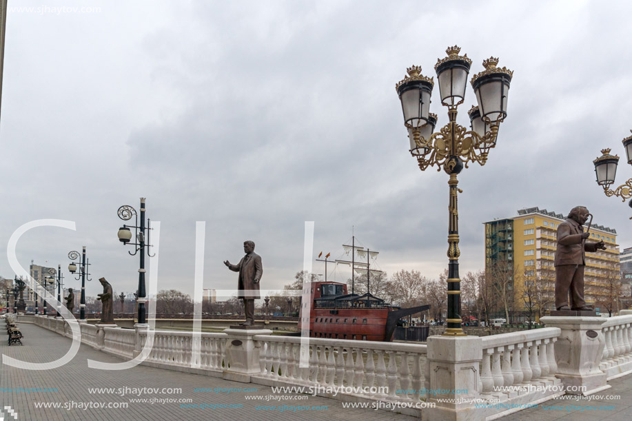 SKOPJE, REPUBLIC OF MACEDONIA - FEBRUARY 24, 2018:  Art Bridge and Vardar River  in city of  Skopje, Republic of Macedonia