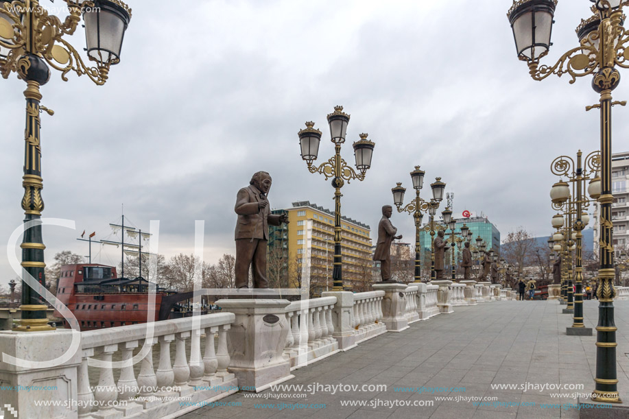 SKOPJE, REPUBLIC OF MACEDONIA - FEBRUARY 24, 2018:  Art Bridge and Vardar River  in city of  Skopje, Republic of Macedonia