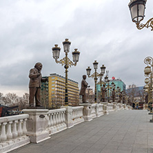 SKOPJE, REPUBLIC OF MACEDONIA - FEBRUARY 24, 2018:  Art Bridge and Vardar River  in city of  Skopje, Republic of Macedonia