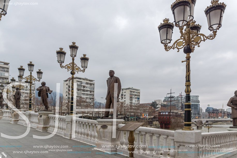 SKOPJE, REPUBLIC OF MACEDONIA - FEBRUARY 24, 2018:  Art Bridge and Vardar River  in city of  Skopje, Republic of Macedonia