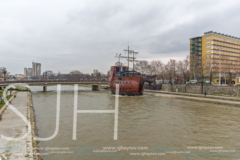 SKOPJE, REPUBLIC OF MACEDONIA - FEBRUARY 24, 2018: River Vardar passing through City of Skopje center, Republic of Macedonia