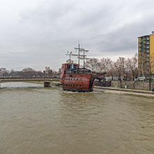 SKOPJE, REPUBLIC OF MACEDONIA - FEBRUARY 24, 2018: River Vardar passing through City of Skopje center, Republic of Macedonia