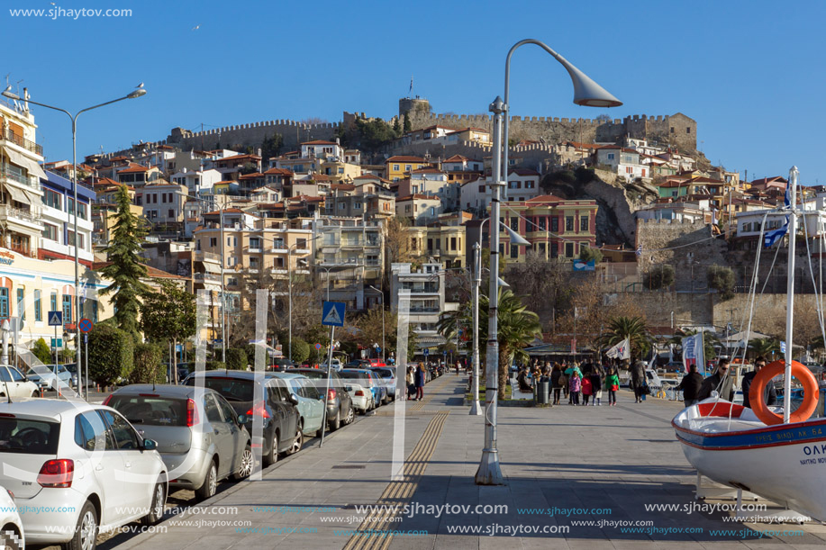 KAVALA, GREECE - DECEMBER 27, 2015: Panoramic view of embankment of city of Kavala, East Macedonia and Thrace, Greece