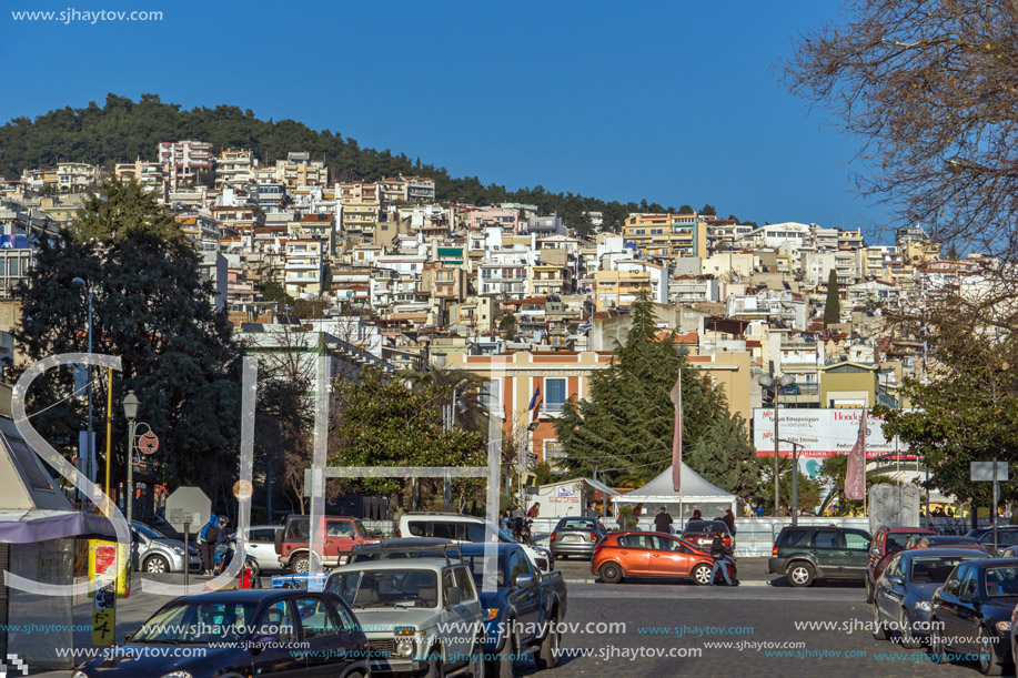 KAVALA, GREECE - DECEMBER 27, 2015: Panoramic view of embankment of city of Kavala, East Macedonia and Thrace, Greece