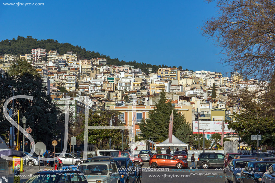 KAVALA, GREECE - DECEMBER 27, 2015: Panoramic view of embankment of city of Kavala, East Macedonia and Thrace, Greece