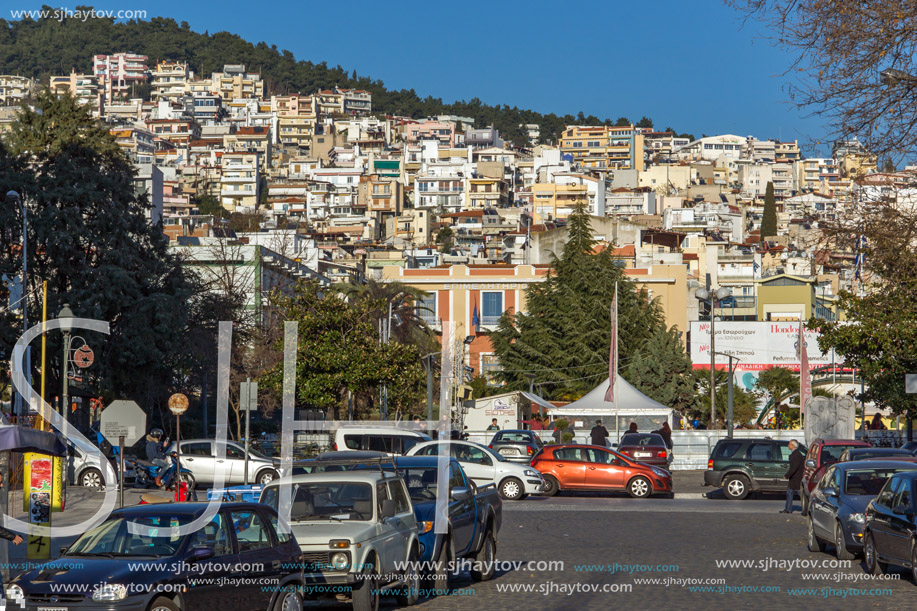 KAVALA, GREECE - DECEMBER 27, 2015: Panoramic view of embankment of city of Kavala, East Macedonia and Thrace, Greece