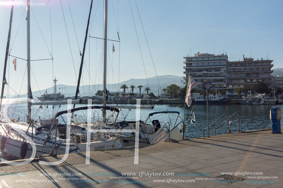 KAVALA, GREECE - DECEMBER 27, 2015: Panoramic view of embankment of city of Kavala, East Macedonia and Thrace, Greece