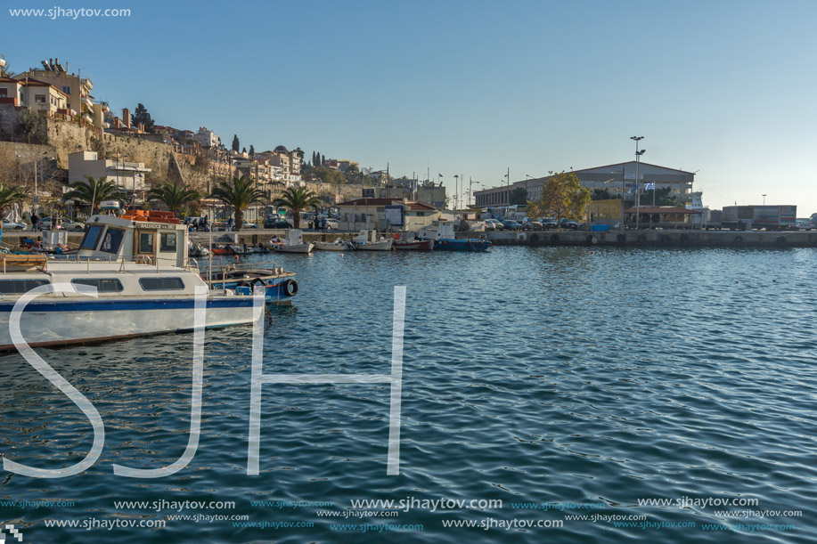 KAVALA, GREECE - DECEMBER 27, 2015: Panoramic view of embankment of city of Kavala, East Macedonia and Thrace, Greece