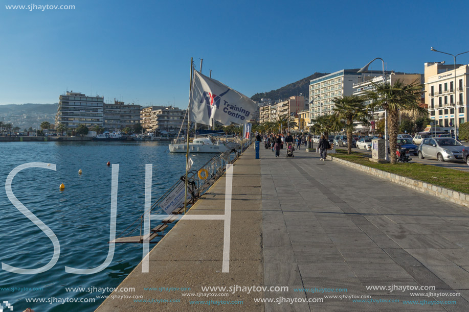 KAVALA, GREECE - DECEMBER 27, 2015: Panoramic view of embankment of city of Kavala, East Macedonia and Thrace, Greece