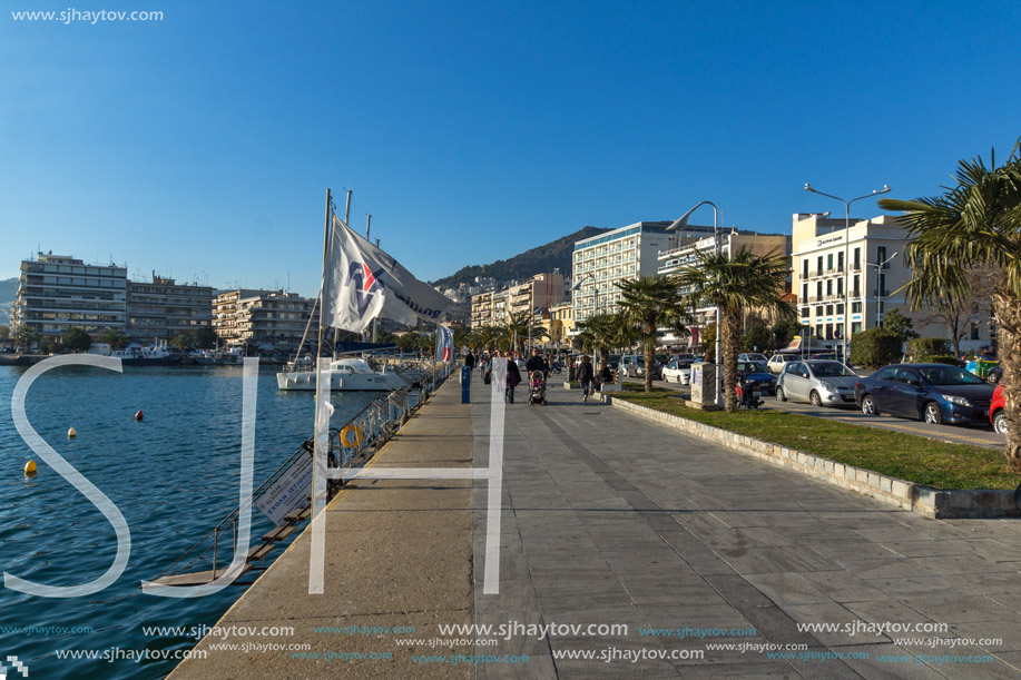 KAVALA, GREECE - DECEMBER 27, 2015: Panoramic view of embankment of city of Kavala, East Macedonia and Thrace, Greece