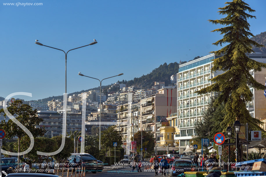 KAVALA, GREECE - DECEMBER 27, 2015: Panoramic view of embankment of city of Kavala, East Macedonia and Thrace, Greece