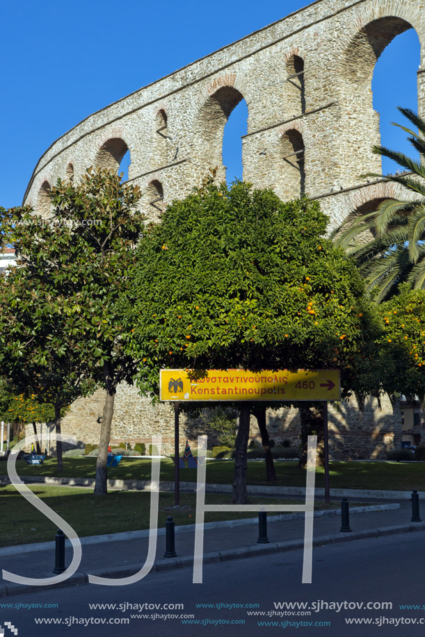 KAVALA, GREECE - DECEMBER 27, 2015:   Ruins of medieval aqueduct in Kavala, East Macedonia and Thrace, Greece