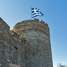 KAVALA, GREECE - DECEMBER 27, 2015:  Tower of the Byzantine fortress in Kavala, East Macedonia and Thrace, Greece
