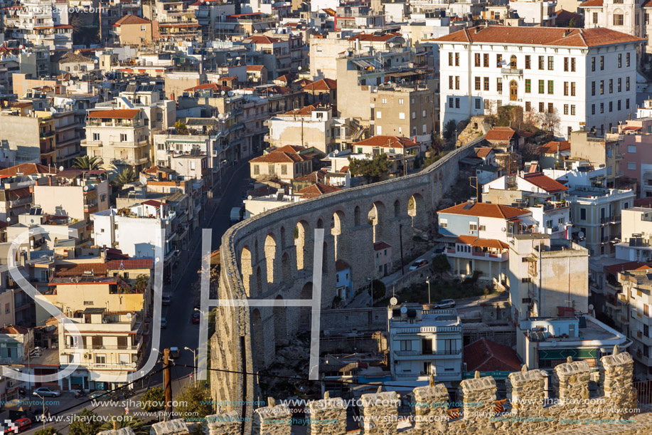 KAVALA, GREECE - DECEMBER 27, 2015: Sunset view of Ruins of fortress and Panorama to Kavala, East Macedonia and Thrace, Greece