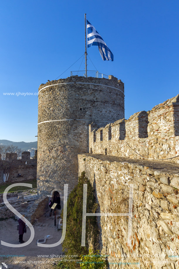 KAVALA, GREECE - DECEMBER 27, 2015:  Tower of the Byzantine fortress in Kavala, East Macedonia and Thrace, Greece