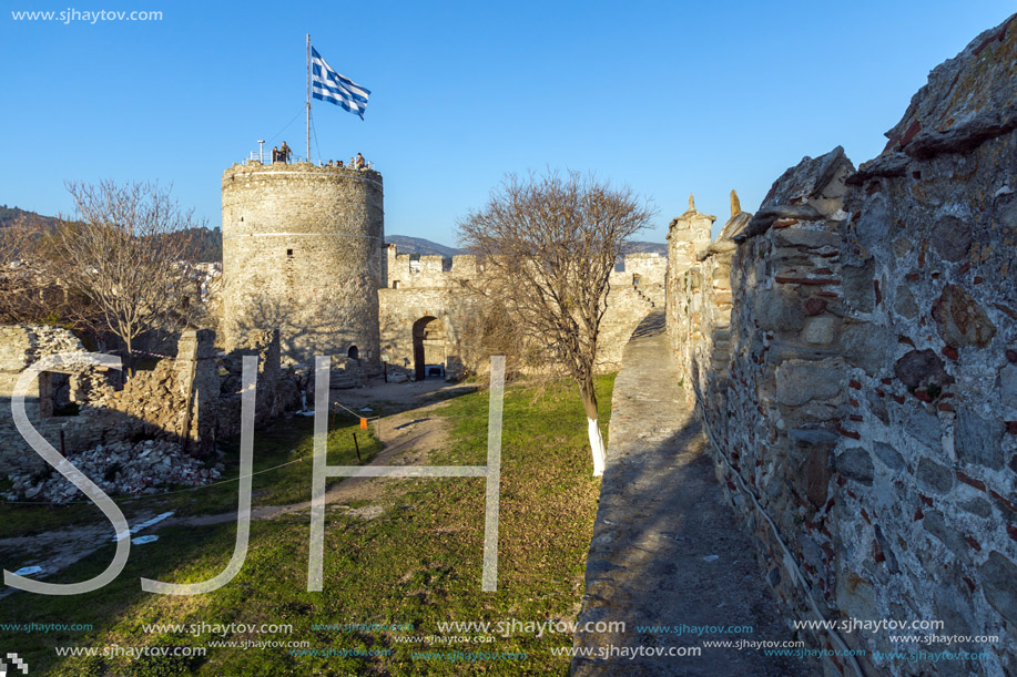 KAVALA, GREECE - DECEMBER 27, 2015:  Tower of the Byzantine fortress in Kavala, East Macedonia and Thrace, Greece