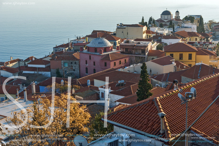 KAVALA, GREECE - DECEMBER 27, 2015: Sunset view of old town of Kavala, East Macedonia and Thrace, Greece