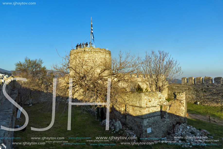 KAVALA, GREECE - DECEMBER 27, 2015:  Tower of the Byzantine fortress in Kavala, East Macedonia and Thrace, Greece