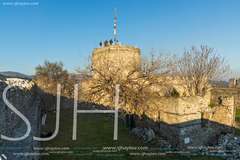 KAVALA, GREECE - DECEMBER 27, 2015:  Tower of the Byzantine fortress in Kavala, East Macedonia and Thrace, Greece