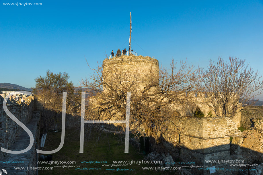 KAVALA, GREECE - DECEMBER 27, 2015:  Tower of the Byzantine fortress in Kavala, East Macedonia and Thrace, Greece