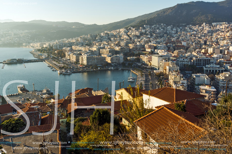 KAVALA, GREECE - DECEMBER 27, 2015: Sunset view of Ruins of fortress and Panorama to Kavala, East Macedonia and Thrace, Greece