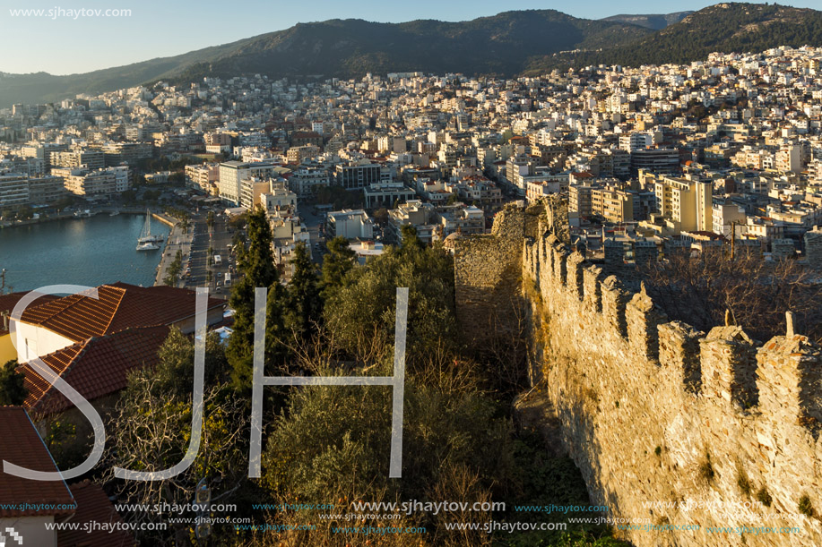 KAVALA, GREECE - DECEMBER 27, 2015: Sunset view of Ruins of fortress and Panorama to Kavala, East Macedonia and Thrace, Greece