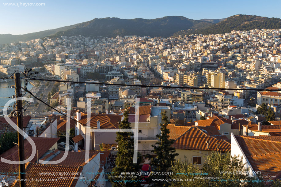 KAVALA, GREECE - DECEMBER 27, 2015: Sunset view of Ruins of fortress and Panorama to Kavala, East Macedonia and Thrace, Greece