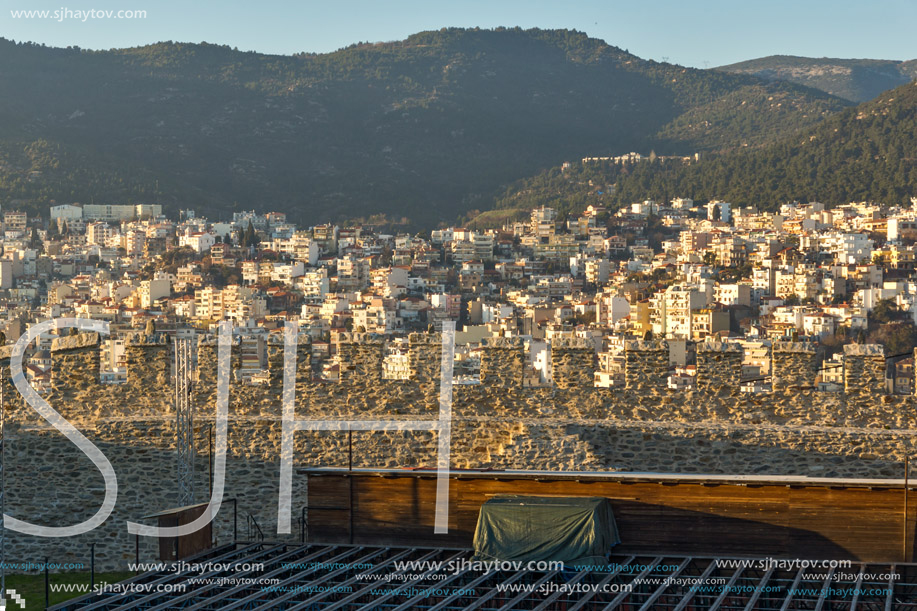 KAVALA, GREECE - DECEMBER 27, 2015: Sunset view of Ruins of fortress and Panorama to Kavala, East Macedonia and Thrace, Greece