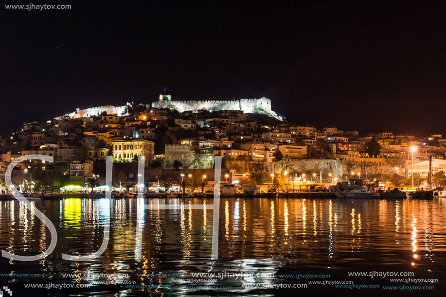 KAVALA, GREECE - DECEMBER 27, 2015: Night Panoramic view to city of Kavala, East Macedonia and Thrace, Greece