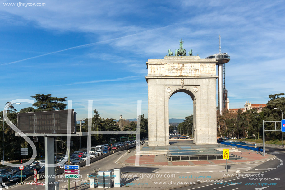 MADRID, SPAIN - JANUARY 23, 2018: Memory Arch and Lighthouse of Moncloa in City of Madrid, Spain