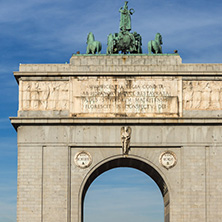 MADRID, SPAIN - JANUARY 23, 2018: Memory Arch and Lighthouse of Moncloa in City of Madrid, Spain