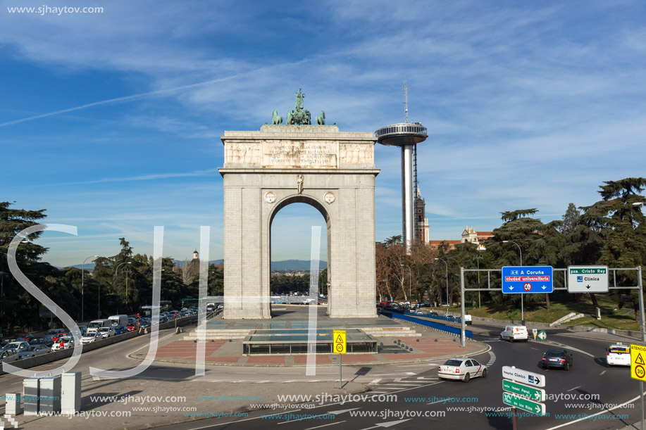 MADRID, SPAIN - JANUARY 23, 2018: Memory Arch and Lighthouse of Moncloa in City of Madrid, Spain