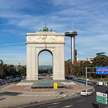 MADRID, SPAIN - JANUARY 23, 2018: Memory Arch and Lighthouse of Moncloa in City of Madrid, Spain