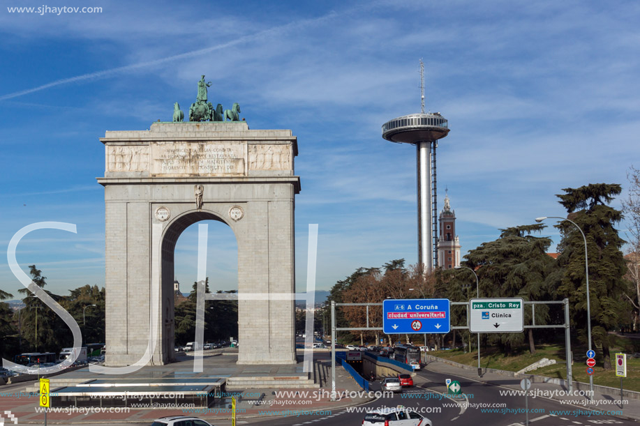 MADRID, SPAIN - JANUARY 23, 2018: Memory Arch and Lighthouse of Moncloa in City of Madrid, Spain