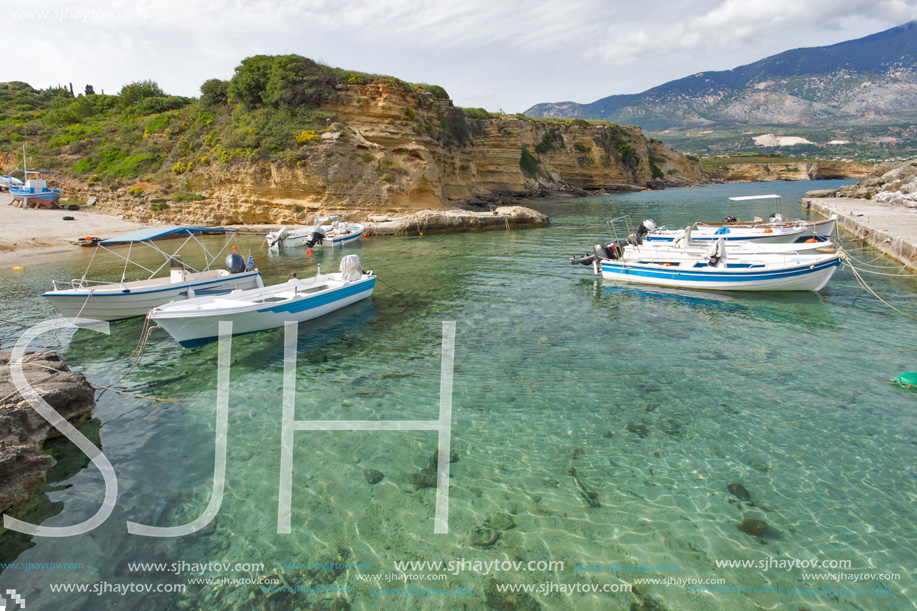 Small port with boats at village of Pesada, Kefalonia, Ionian islands, Greece