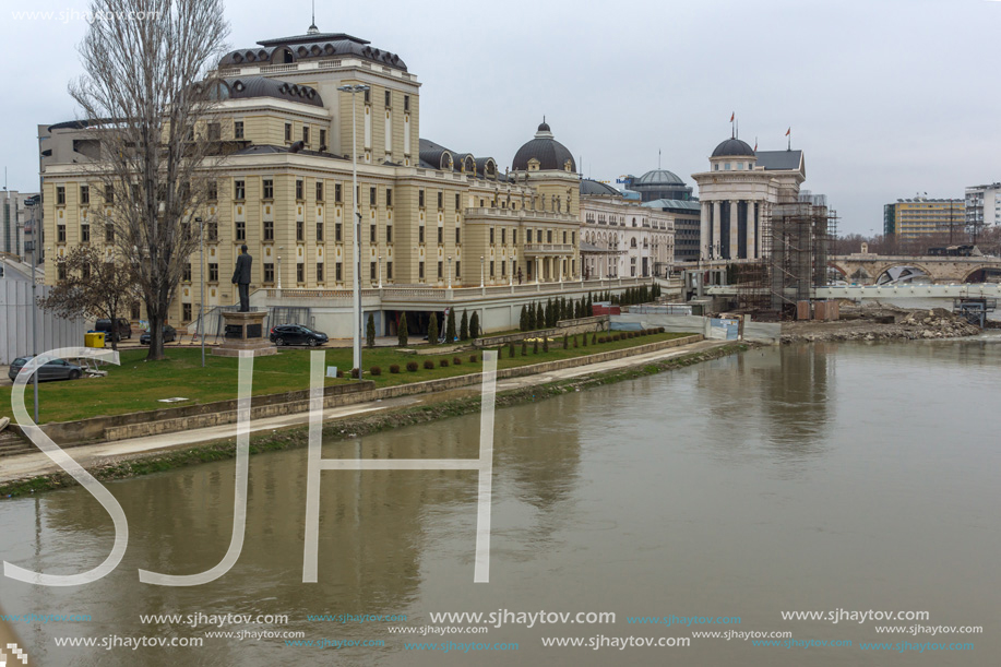 SKOPJE, REPUBLIC OF MACEDONIA - FEBRUARY 24, 2018: Vardar River passing through City of Skopje center, Republic of Macedonia