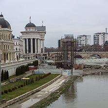 SKOPJE, REPUBLIC OF MACEDONIA - FEBRUARY 24, 2018: Vardar River passing through City of Skopje center, Republic of Macedonia