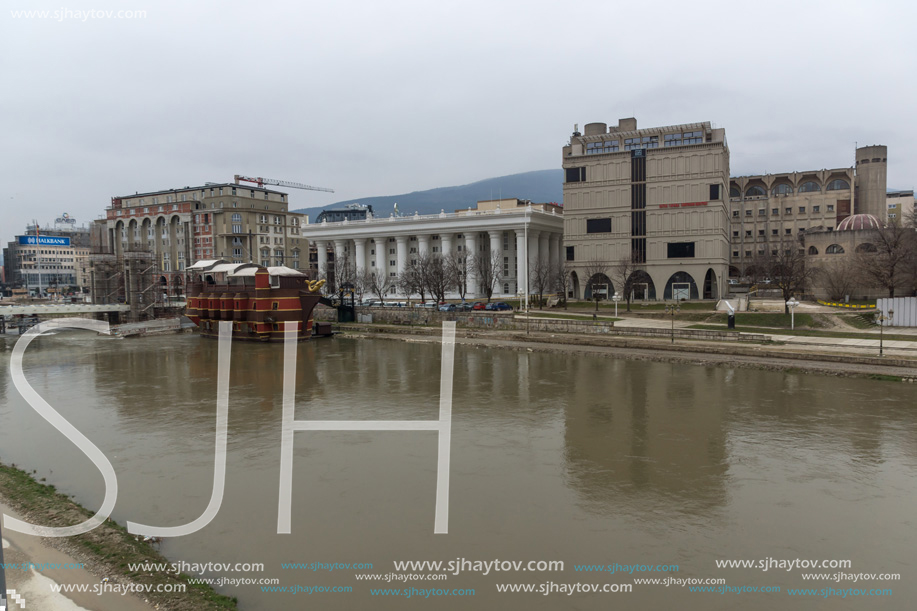 SKOPJE, REPUBLIC OF MACEDONIA - FEBRUARY 24, 2018: Vardar River passing through City of Skopje center, Republic of Macedonia