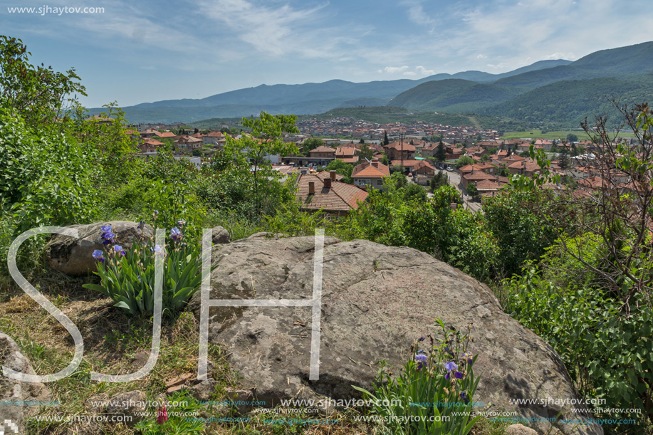 PESHTERA, BULGARIA - MAY 5, 2018: Panoramic view of town of Peshtera From The Peristera fortress, Pazardzhik Region, Bulgaria