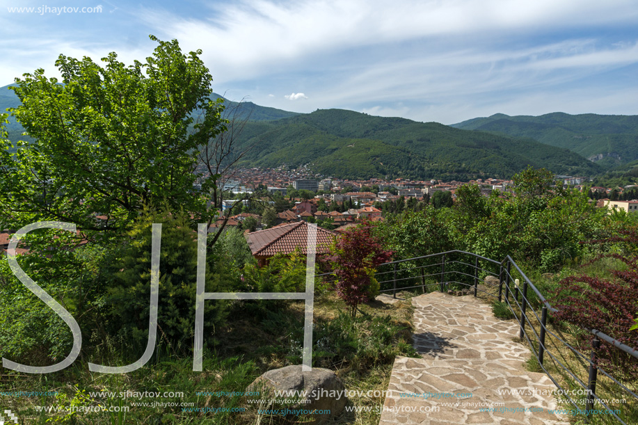 PESHTERA, BULGARIA - MAY 5, 2018: Panoramic view of town of Peshtera From The Peristera fortress, Pazardzhik Region, Bulgaria