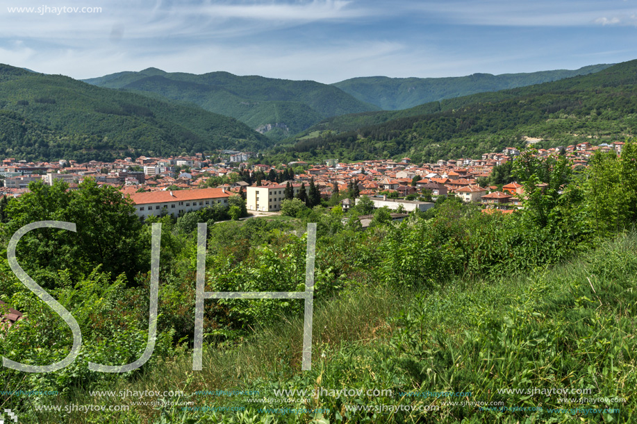 PESHTERA, BULGARIA - MAY 5, 2018: Panoramic view of town of Peshtera From The Peristera fortress, Pazardzhik Region, Bulgaria