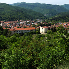 PESHTERA, BULGARIA - MAY 5, 2018: Panoramic view of town of Peshtera From The Peristera fortress, Pazardzhik Region, Bulgaria