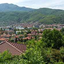 PESHTERA, BULGARIA - MAY 5, 2018: Panoramic view of town of Peshtera From The Peristera fortress, Pazardzhik Region, Bulgaria