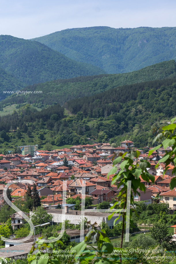 PESHTERA, BULGARIA - MAY 5, 2018: Panoramic view of town of Peshtera From The Peristera fortress, Pazardzhik Region, Bulgaria