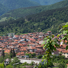 PESHTERA, BULGARIA - MAY 5, 2018: Panoramic view of town of Peshtera From The Peristera fortress, Pazardzhik Region, Bulgaria