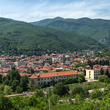 PESHTERA, BULGARIA - MAY 5, 2018: Panoramic view of town of Peshtera From The Peristera fortress, Pazardzhik Region, Bulgaria