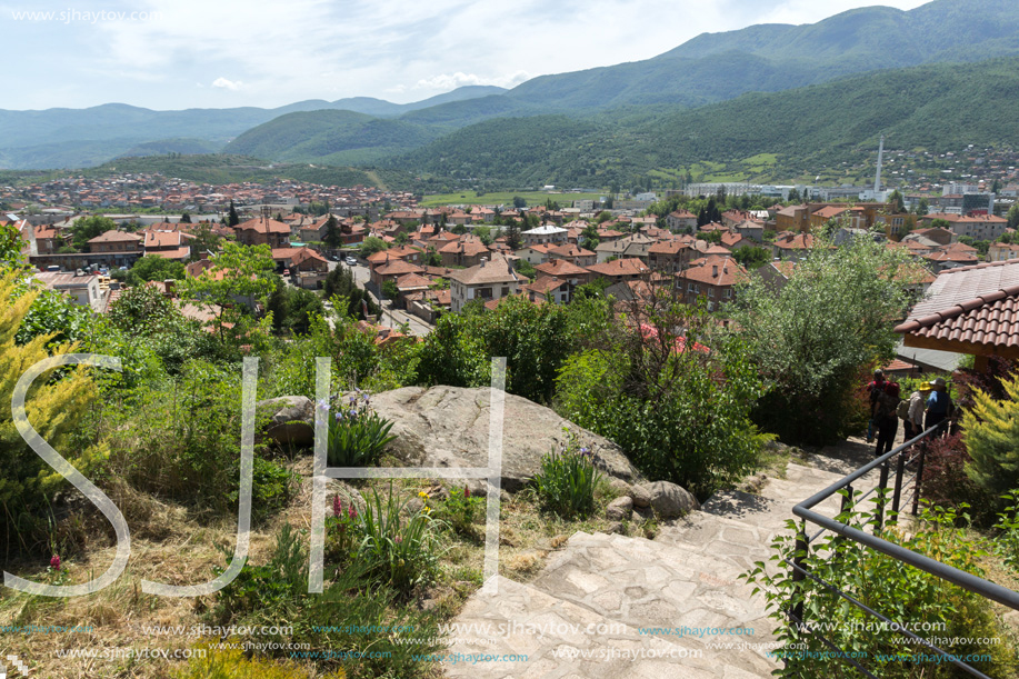 PESHTERA, BULGARIA - MAY 5, 2018: Panoramic view of town of Peshtera From The Peristera fortress, Pazardzhik Region, Bulgaria