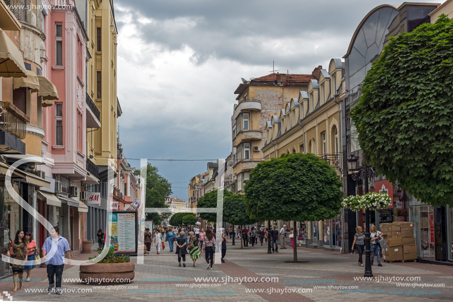 PLOVDIV, BULGARIA - MAY 25, 2018:  Walking people at central street in city of Plovdiv, Bulgaria
