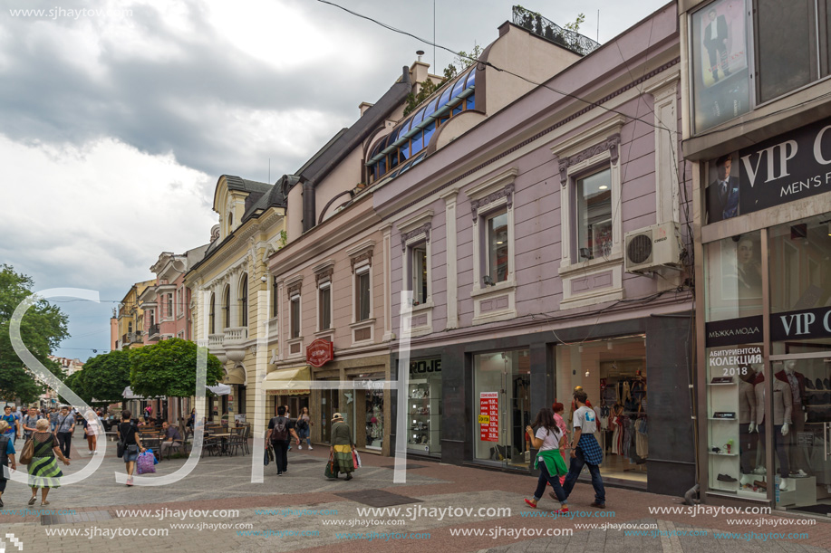 PLOVDIV, BULGARIA - MAY 25, 2018:  Walking people at central street in city of Plovdiv, Bulgaria