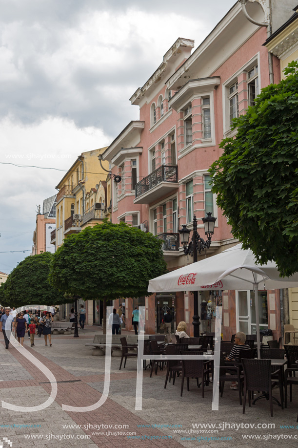 PLOVDIV, BULGARIA - MAY 25, 2018:  Walking people at central street in city of Plovdiv, Bulgaria